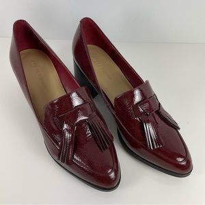 Marc Fisher Dark Red Patent Leather Heeled Loafer Size 9M Tassels Pointed Toe